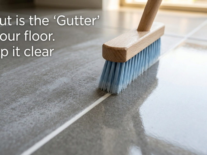 Brush cleaning tile grout on a vacation rental floor