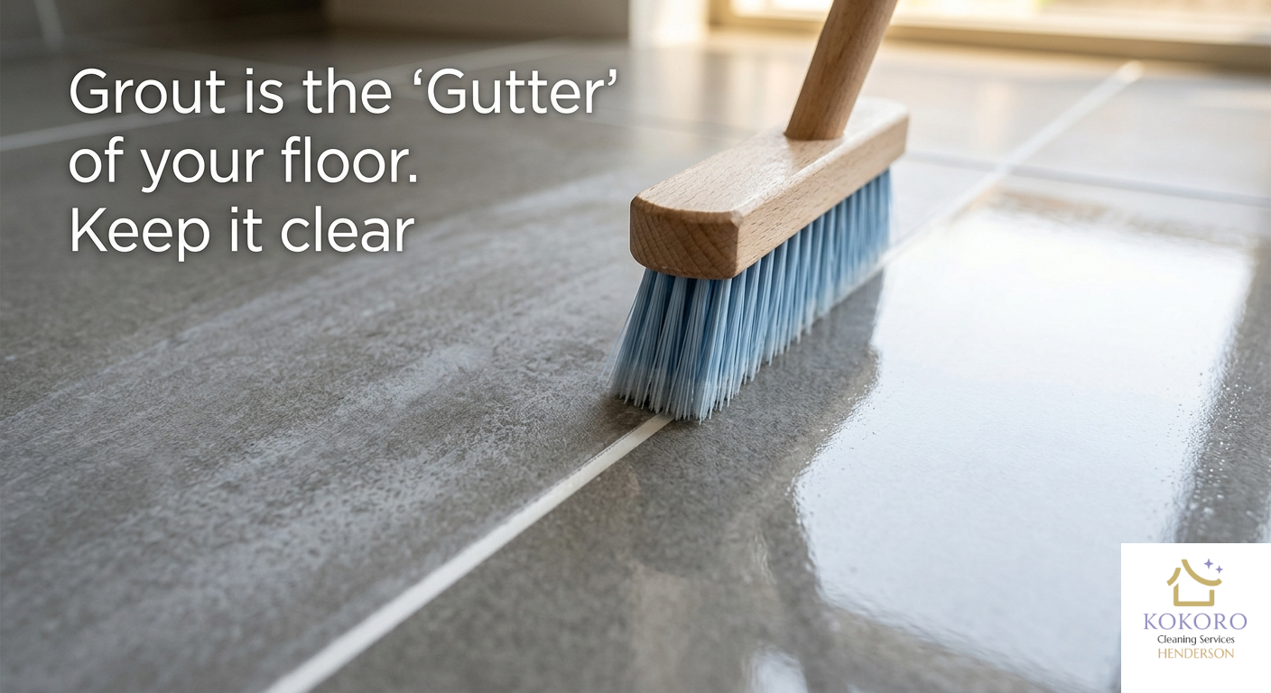 Brush cleaning tile grout on a vacation rental floor