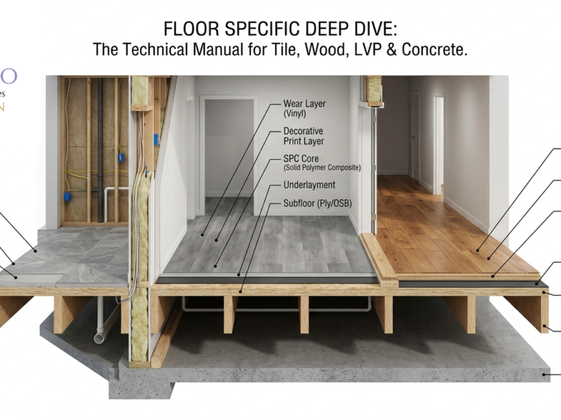 Cutaway diagram of tile, vinyl, wood, and concrete floors