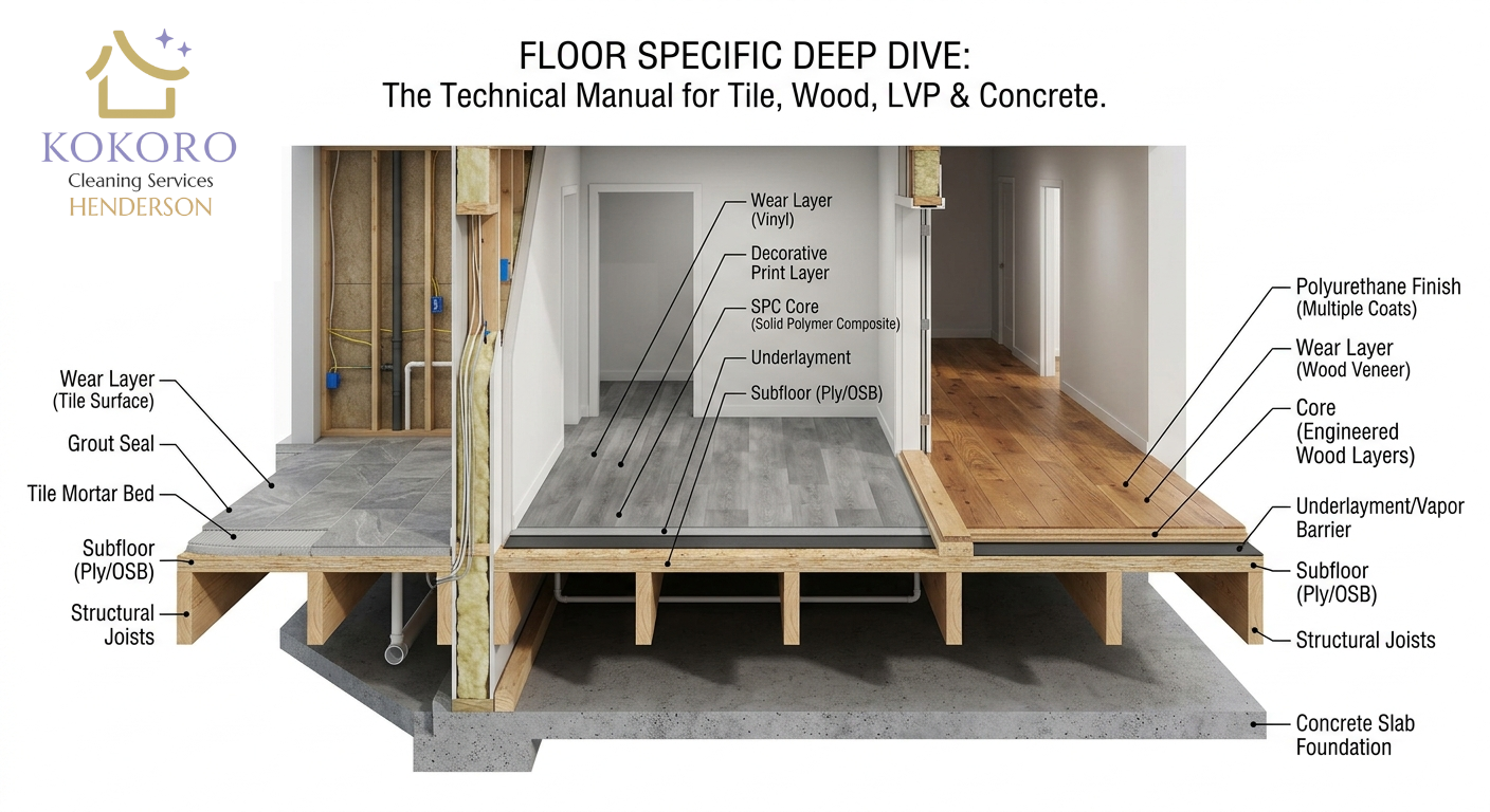 Cutaway diagram of tile, vinyl, wood, and concrete floors