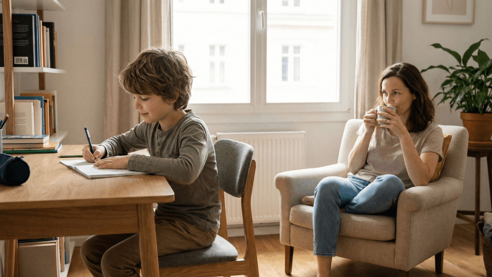 Child studying at a desk in a clean, quiet home