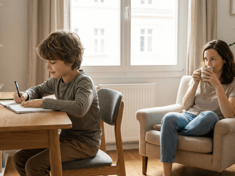 Child studying at a desk in a clean, quiet home