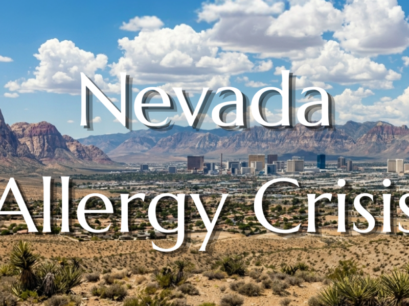 Las Vegas skyline and desert mountains under the words Nevada Allergy Crisis