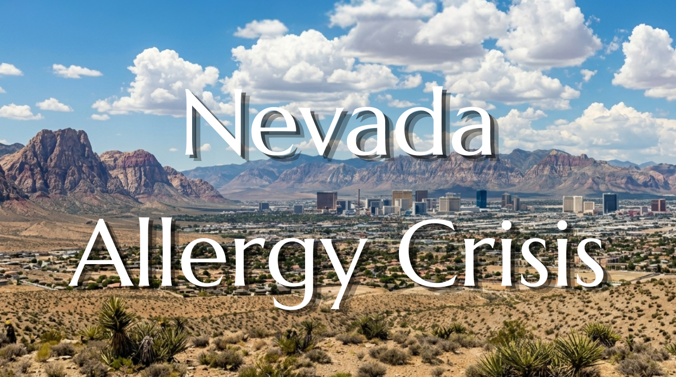 Las Vegas skyline and desert mountains under the words Nevada Allergy Crisis